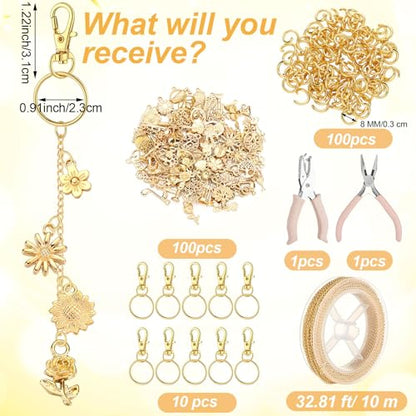 VioraWhite 213 Pcs Gold Keychain Making Kit Summer Bag Charm Kit Lip Gloss Keychain 100 Enamel Charms 32.81 ft Gold Chains for DIY Crafts Women - style: Gold