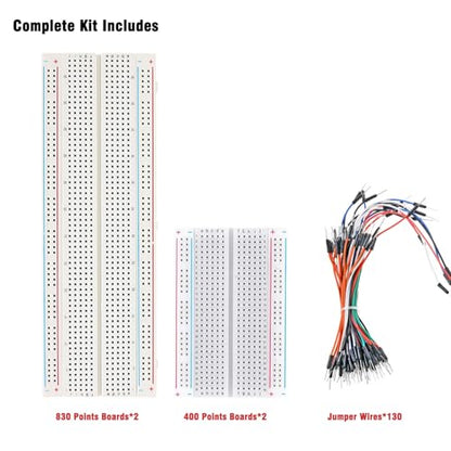 Solderless Breadboard Ultimate Kit - 4PCS 830/400 Tie Points Boards + 130 Jumper Wires | ABS Plastic with Tin-Plated Contacts, Compatible with Arduino, Raspberry Pi & Electronics Projects