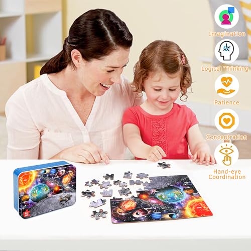 Puzzles for Kids Ages 4-6, 60 Piece Puzzles for Kids Ages 3-5 in Metal Box - color: Space