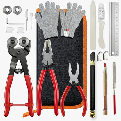 23Pcs Stained Glass Tools Kit, Glass Cutters Tools with Wheeled Glass Nippers,Running & Grozer Pliers, 2-20mm Glass Cutters with Oil, Safety Gloves & Rich Accessories-For Mosaic,Tile,Fusing,DIY Crafts
