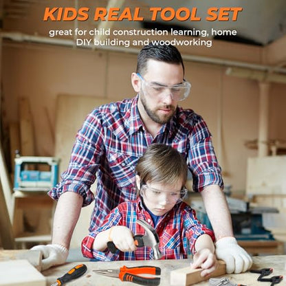 INCLY 24 PCS Kids Real Tool Set with Tool Bag, Small Real Hand Tools Kit - color: Orange