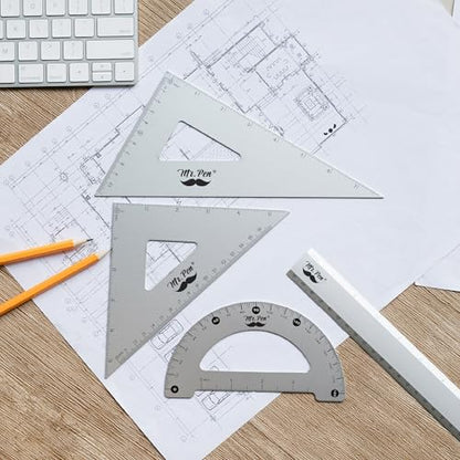 Mr. Pen- Metal Geometry Kit, 4 Pack, 45° & 30°/60° Set Squares - color: Silver