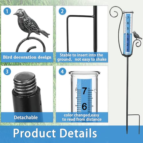 Rain Gauge Outdoor, Upgraded Unique Decorative Bird Ornament Tall Rain Measure Gauge Stake, Adjustable Height Frost-Proof Tube with Large Bold Scale for Yard Lawn Patio
