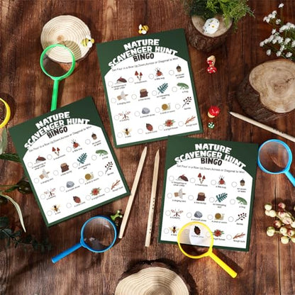 HyDren 45 Pcs 15 Set Nature Scavenger Hunt Game Kits, 15 Hunting Cards, 15 Magnifying Glass, 15 Pencils, 15 Organza Bags Family Camping Games Play for Nature Exploration Outdoor Activities Party Favor