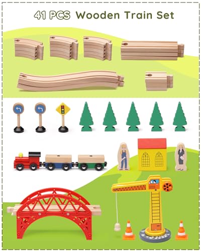 SainSmart Jr. Wooden Train Set for Toddler, 41pcs Wood Train Track w/Crane Fits Brio, Thomas, Melissa and Doug, Kids Wood Toy Train for Kids Ages 3+ - style: Crane