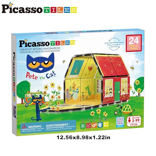 PicassoTiles Magnetic Tiles Pete the Cat Home Theme Building Blocks Double Sided Printing Toddler Magnet Toys Education STEM Learning Kit Construction Brain Development Preschool Kid Game Boy Girl 3+ - style: Pete the Cat Double House