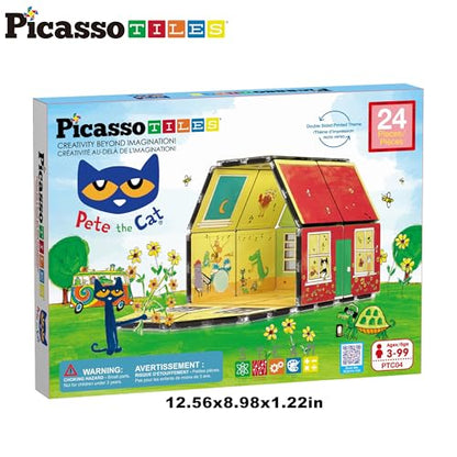 PicassoTiles Magnetic Tiles Pete the Cat Home Theme Building Blocks Double Sided Printing Toddler Magnet Toys Education STEM Learning Kit Construction Brain Development Preschool Kid Game Boy Girl 3+ - style: Pete the Cat Double House