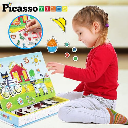 PicassoTiles Pete The Cat 80pc Magnetic Board Game Puzzle Playset Reusable Mix & Match Cartoon Toy with Storytelling, STEM Learning Activity Book and Storage Educational Kids Toys for Ages 3+ PTC02 - style: Pete the Cat Board