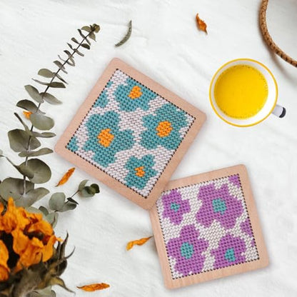 Yushen 4Pcs Flower Coaster Needlepoint Kit for Adult Cross Stitch Kits DIY Adults No Pattern Stamped Needlepoint Embroidery Set Embroidery Needles Threads Crafts (Flower) - color: Flower