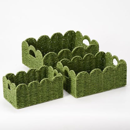 Scalloped Wicker Basket Set of 3, Hand-Woven Storage with Handles - color: Greem