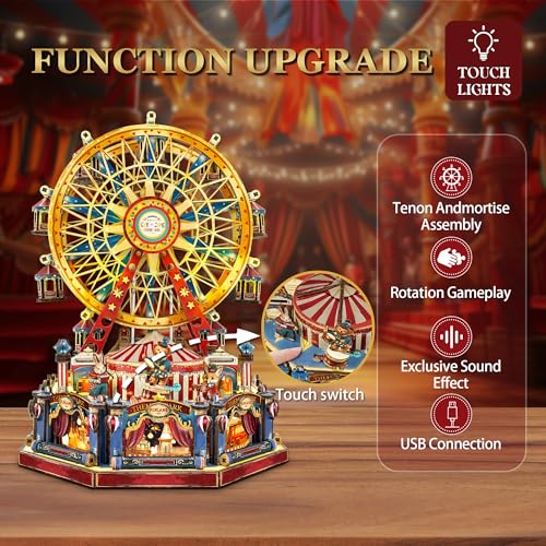 3D Wooden Puzzle Ferris Wheel DIY Miniature House Kit Music Box - color: Century Ferris Wheel