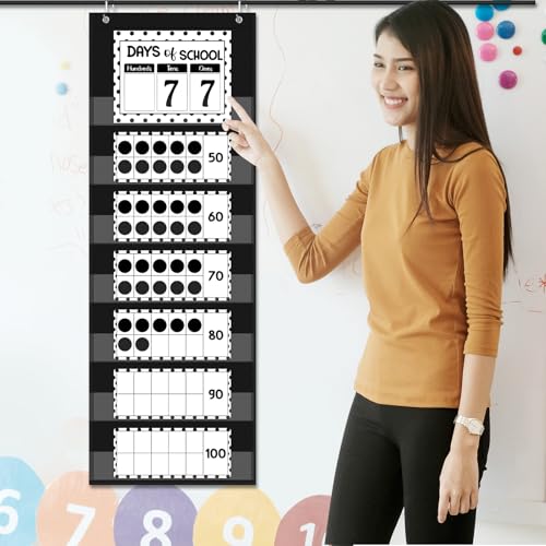 Funrous Days of School Pocket Chart Number of The Day Countdown Posters Back to School Black White Dots Countdown Bulletin Board Decor Hundreds Tens Ones Place Value Chart Cards for Classroom Home - style: Dots