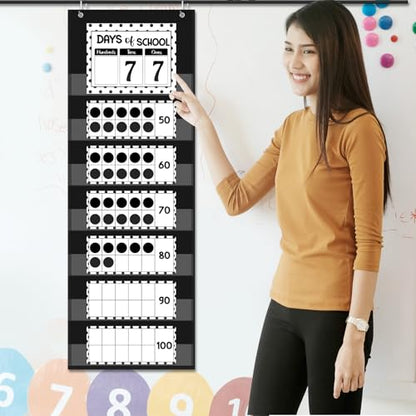 Funrous Days of School Pocket Chart Number of The Day Countdown Posters Back to School Black White Dots Countdown Bulletin Board Decor Hundreds Tens Ones Place Value Chart Cards for Classroom Home - style: Dots