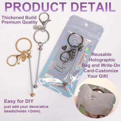42/84/126 Pcs Beadable Keychain Bars Bulk Blank DIY Beaded Keychain Making Supplies with Bag Thank You Card - color: Silver