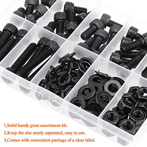 HELIFOUNER 128 Pieces M6 x 8mm /10mm /12mm /16mm /20mm /25mm /30mm, Hex Socket Head Cap Screws Bolts Washers Nuts Kit, 12.9 Grade Alloy Steel, Full Threaded, Black - size: M6, style: Socket Head