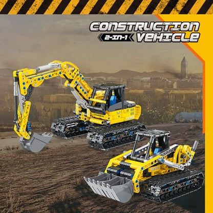 2-in-1 Excavator & Bulldozer Building Kit - 399 Pieces STEM Educational Construction Toys for Kids, Creative Birthday Gift Idea - color: Yellow