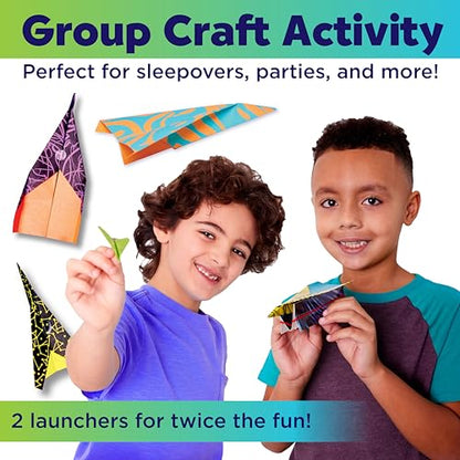Creativity for Kids Paper Airplane Kit - Stunt Squadron Neon Glow, Makes 70 Paper Airplanes and 2 Plane Launchers, STEM Birthday or Summer Activities for Kids (Ages 6+)