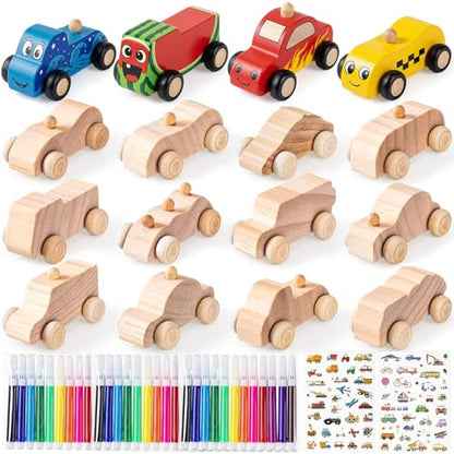 Leyndo 12 Pcs Unfinished Wood Cars to Paint Wooden Painting Crafts, DIY Car Toys with 12 Watercolor Pens & 12 Car Sticker Sheets for Kids Students Home Classroom Woodworking Family Art Activities