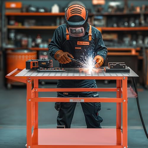 VEVOR Welding Table, 40" x 24" Welding Workbench Table with 800LBS Static Weight Capacity, Movable Steel Work Bench with 4 Wheels (2 with Brake), Double-Layer Storage Board and 5/8-inch Fixture Holes - size: 40.0 x 24.0 x 36.0 inch