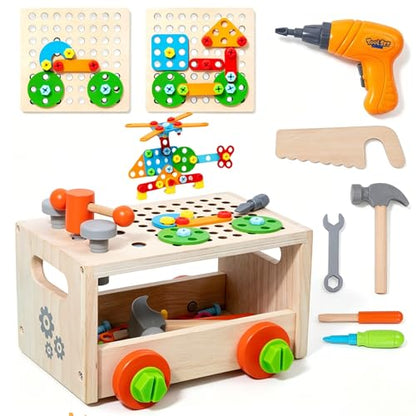 Wooden Toddler Tool Bench with Electric Toy Drill & Pull-Along Storage Cart - color: Tools Set-1