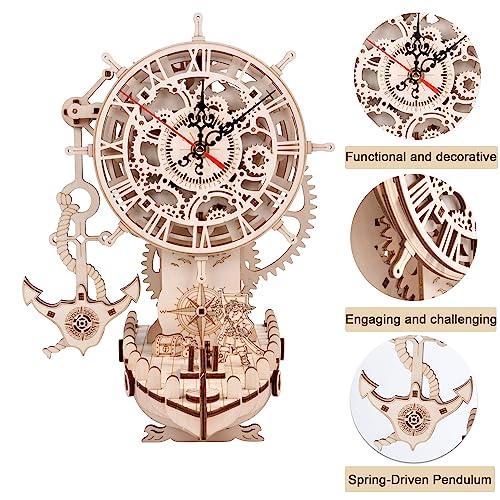 3D Wooden Puzzle Mechanical Clock – Pirate Ship DIY Model Kit for Adults & Teens, Build-Your-Own Wood Craft, Working Clock, Unique Gift & Nautical Home Decor