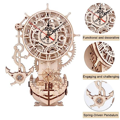3D Wooden Puzzle Mechanical Clock – Pirate Ship DIY Model Kit for Adults & Teens, Build-Your-Own Wood Craft, Working Clock, Unique Gift & Nautical Home Decor