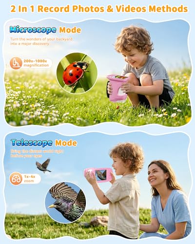 1000X Kids Handheld Microscope, 4K Digital Mini Pocket Digital Microscope with 2.4" IPS Screen, Built-in Camera & 12 Prepared Slides, STEM Educational Toy, Birthday Gift for Boys & Girls Ages 3–12 - color: Pink