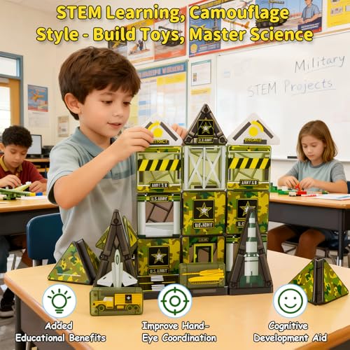 Magnetic Tiles,42PCS Magnetic Building Blocks with Metal Storage Box,Magnet Tiles for Kids Ages 3+,Magnet Tile for Boys & Girls(Military) - color: Green