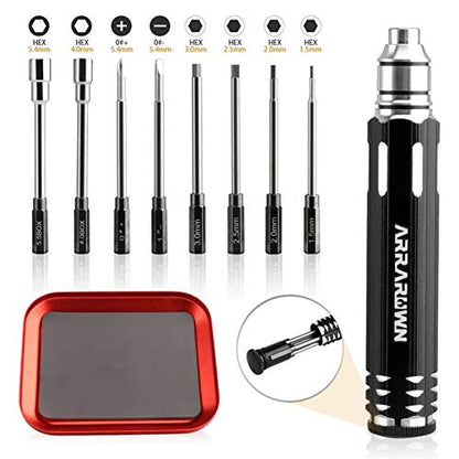 10 in 1 RC Model Repair Tools Kit with 1.5/2.0/2.5/3.0/4.0/5.5mm Hex Bits - color: Black With Red Tray