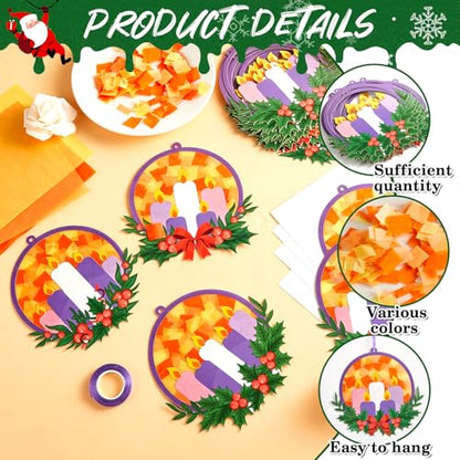Qyeahkj 36 Set Christmas Advent Wreath Suncatchers Crafts for DIY Advent Candle Tissue Paper Craft Kit Hanging Decor for Xmas Holiday Home Activity Art Project Birthday Party Favor Gift - style: Christmas Advent Wreath