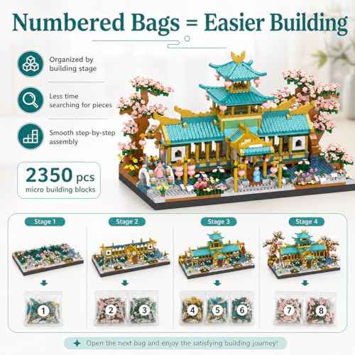 Suzhou Garden Micro Building Blocks for Adults - 2350pcs Chinese Architecture Model Kit with Numbered Bags, Cherry Blossom Pagoda Display Building Set, Challenging DIY Project Gift