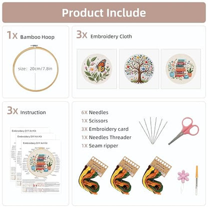 KEKEMEOW 3 Sets Embroidery Kit for Beginners, Stitches with Books and Flowers, Embroidery Stitch Practice kit for Adults Craft Lover, Cross Stitch Kit with Pattern、Instruction、Hoop - color: Book and flower