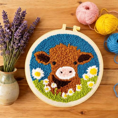 DIY Punch Needle Kits Highland Cow with Daisy Flower with Hoop 20x20cm-1 - color: 01-Highland Cow