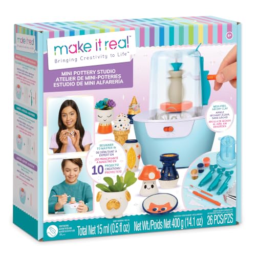 Make It Real Mini Pottery Studio - 26-Piece DIY Pottery Kit with Mess-Free Air Dry Clay - Create 10 Miniature Projects, Beginner to Master Levels - Innovative Centering Tool - Great for Kids Ages 8 - style: Standard