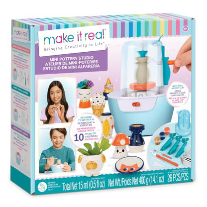 Make It Real Mini Pottery Studio - 26-Piece DIY Pottery Kit with Mess-Free Air Dry Clay - Create 10 Miniature Projects, Beginner to Master Levels - Innovative Centering Tool - Great for Kids Ages 8 - style: Standard