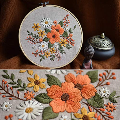 KISSBUTY Embroidery Starter Kit with Pattern, Bamboo Hoop, Color Threads, Flaxen Fabric (Floral Design, Kid, Art Craft Kit)