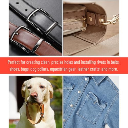 UNCO- Leather Hole Punch Tool Set with 240 Leather Rivets, Red Handle, Multi Punch Sizes, Rotary Belt Hole Puncher for Leathers, Belts, Straps, Pet Collars, Shoes, Saddles, Canvas & DIY Crafts