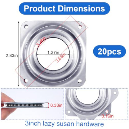 20Pack Lazy Susan Hardware, 3-Inch Square Ball Bearing Swivel