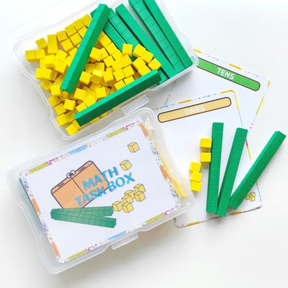 Math Task Boxes Set of 5 Math Manipulatives Themes 230+ Pieces of Number Rods, Base Ten Blocks, Ten Frame Disc Counters, Place Value Blocks, 0-9 Numbers, 3D Shapes, Activity Cards (Base Ten Blocks) - color: Base Ten Blocks