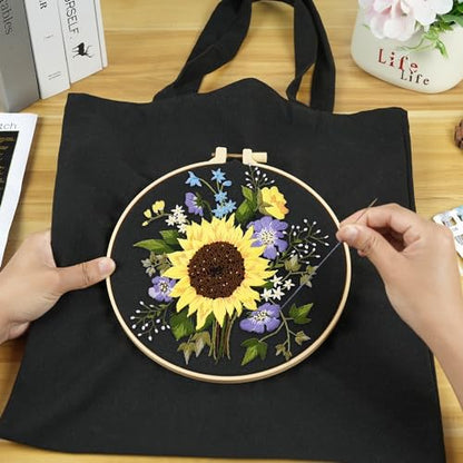 Canvas Tote Bag Embroidery Kit with Sunflower Pattern, Embroidery Kits for Beginners Adults, Arts and DIY Crafts Embroidery Starter kit, Include Stamped Embroidery Bag, Color Threads, Embroidery Tools - color: Black with Sunflower