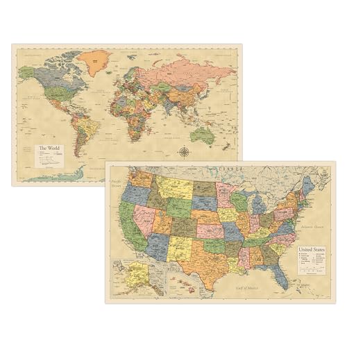 2 Pack - Laminated World Map & US Map Poster Set - Wall Chart Map of the World & United States - Made in the USA [Yellow] - color: Yellow