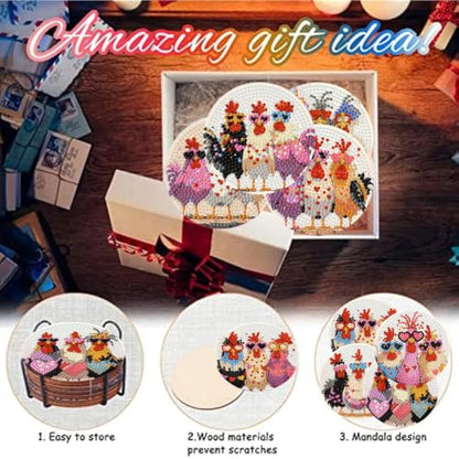 Zythron 8 Pack Diamond Art Coasters,Chicken Diamond Painting Coasters Kits - color: Three Chickens Coasters