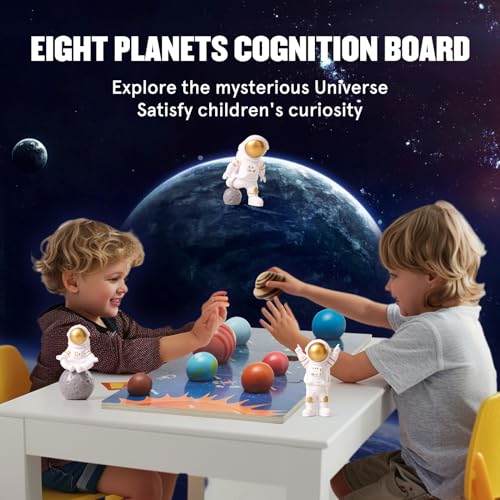 Wooden Solar System Model Board，Kids Solar System with Astronauts ，Montessori Planet Toys,Educational Planets Balls,Preschool Learning Puzzle，Space Knowledge Flash Cards Learning Toys for Kids