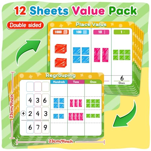 12 Pack Place Value Chart Dry Erase Flash Cards, 9" x 12" Math Manipulatives Small White Board Addition Subtraction 1st 2nd 3rd Grade Classroom Teacher Homeschool Supplies Essential - color: Yellow