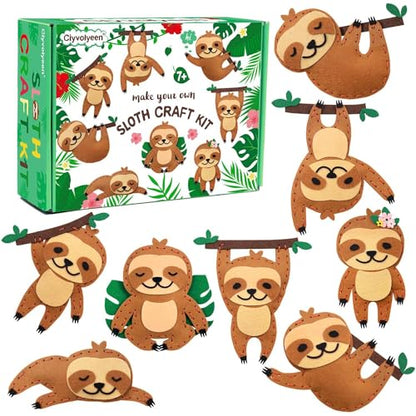 CiyvoLyeen Kids Sewing Kit Crafts – DIY Sloth & Jungle Animal Felt Crafts Sewing Set for Girls & Boys Ages 8–12 Learn to Sew 8 Cute Animal Projects - color: Sloth-8 Pcs