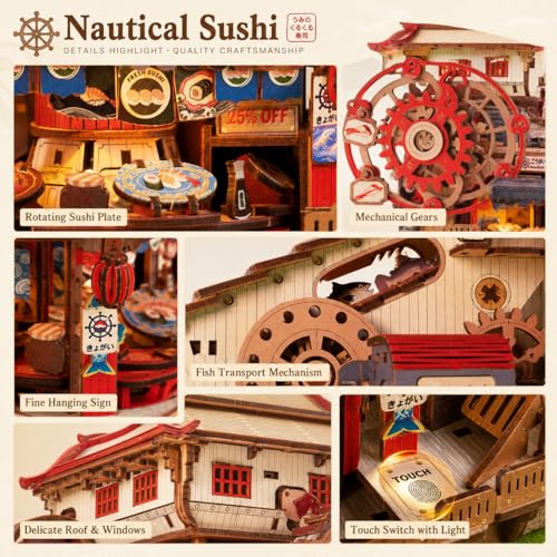 Roroom Mechanical 3D Wooden Puzzles for Adults, 425pcs Wood Building Kit - color: Nautical Sushi
