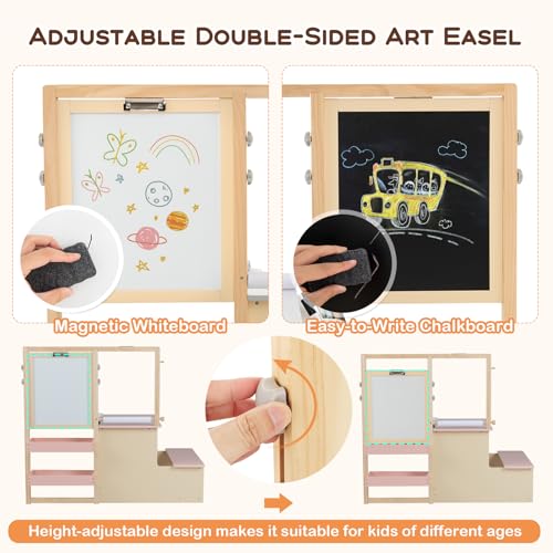 HONEY JOY Kids Art Easel, 6-in-1 Wooden Double-Sided Toddler Table & Chair Set w/Adjustable Magnetic White Board & Chalkboard, Paper Roll, Bookshelf, Storage, Toddler Easel for Kids (Pink) - style: Pink
