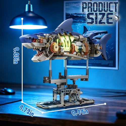 Mechanical Shark Building Set with Light for Boys 8-14, Compatible with Lego Shark, 687PCS Ocean Animals with Display Stand & Movable Joints, Sea Fish Toys Gifts for Home/Office Decor for Adults Kids