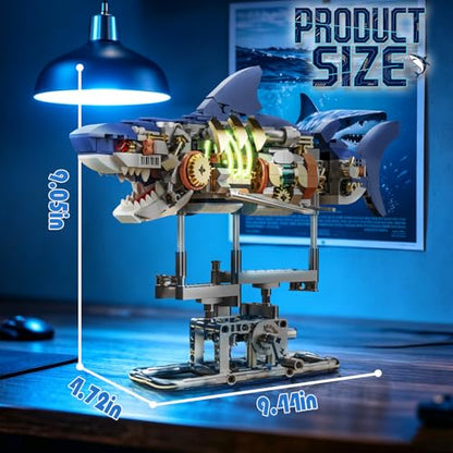 Mechanical Shark Building Set with Light for Boys 8-14, Compatible with Lego Shark, 687PCS Ocean Animals with Display Stand & Movable Joints, Sea Fish Toys Gifts for Home/Office Decor for Adults Kids