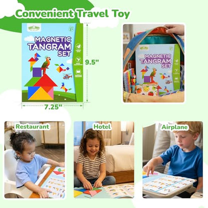 BenBen Magnetic Tangram Puzzle, Wooden Travel Toys Ages 4-8 8-12